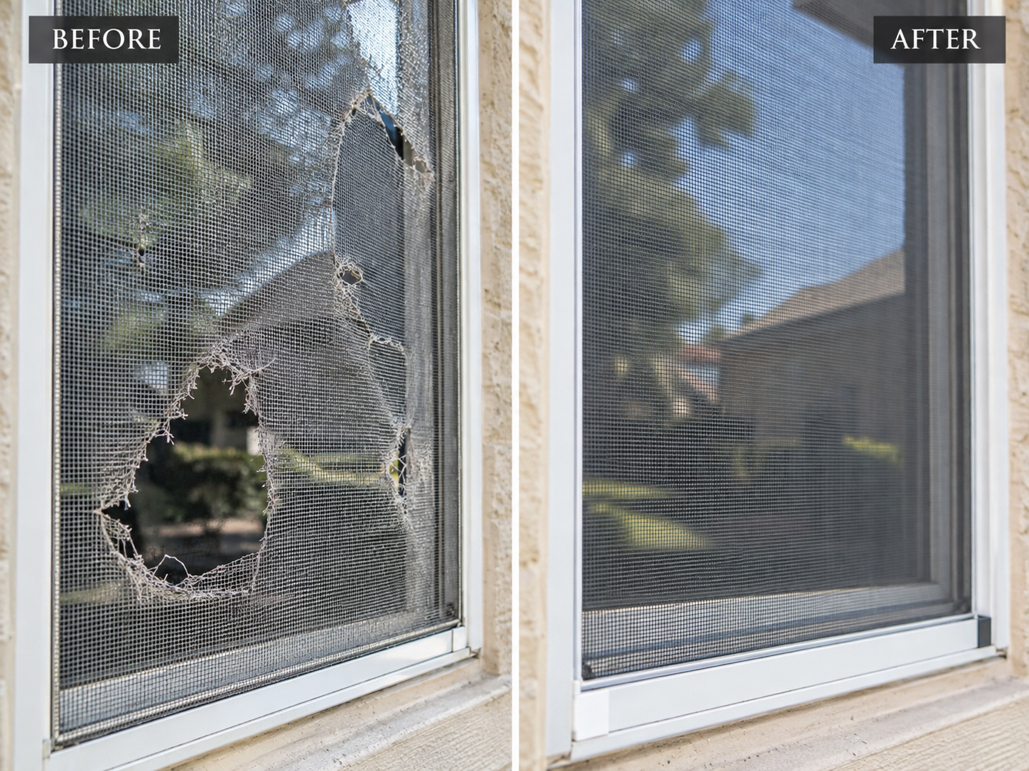 Before and after window screen repair